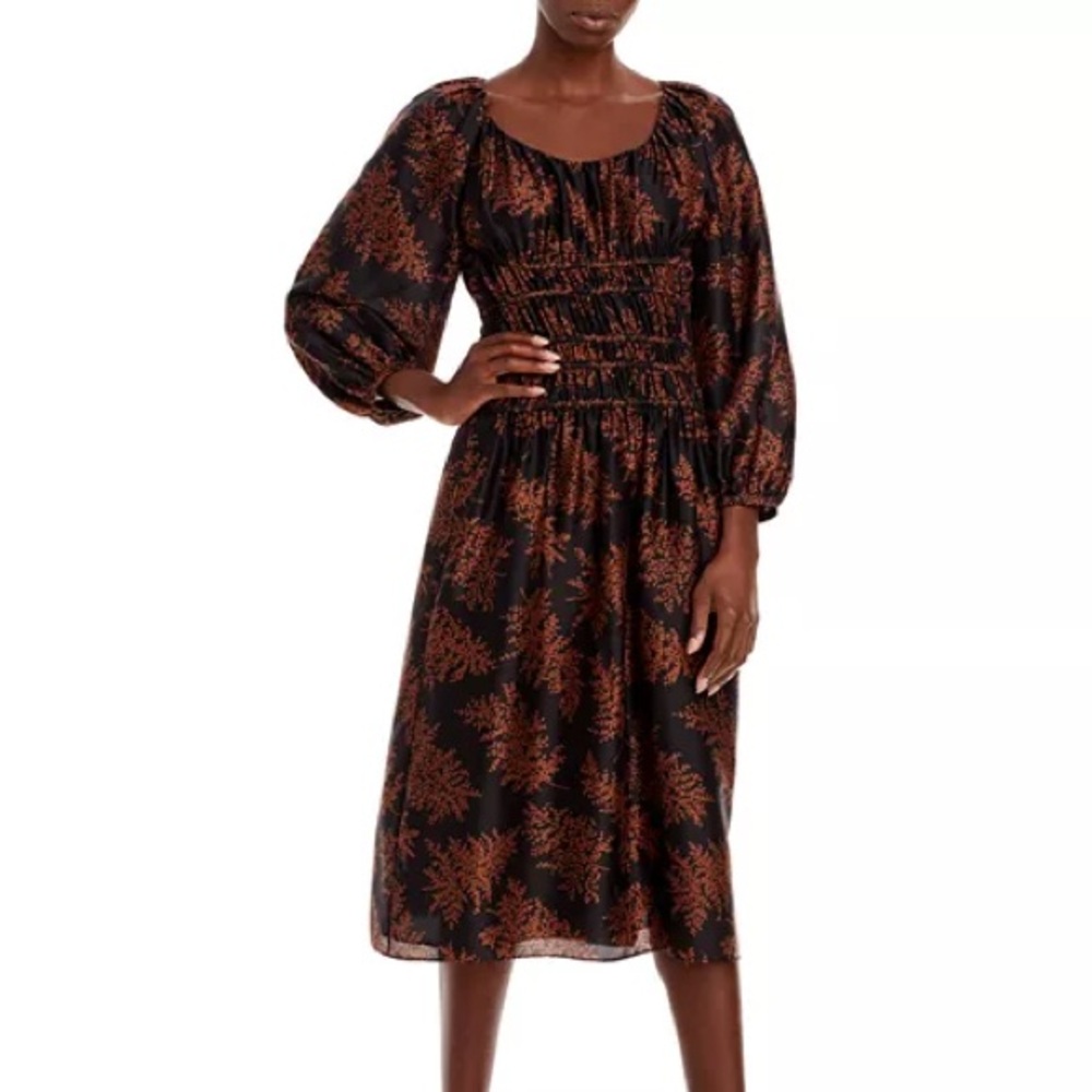 Rebecca Taylor Arden Fern Silk Midi Dress Black/Copper Colored print | XS